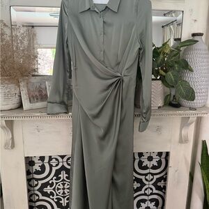 Sage Green Long-Sleeve Twist-Detail Shirt Dress